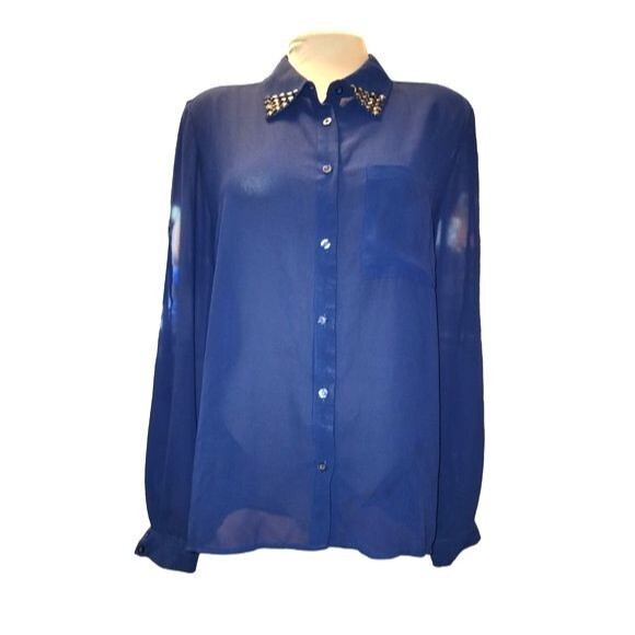 Moon Collection NWT Sheer Navy Beaded Long Sleeve Button Front Blouse Size XL - Picture 1 of 11